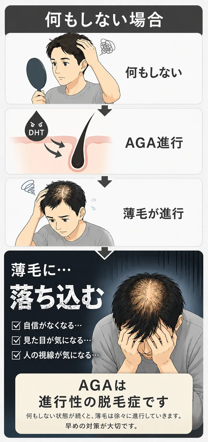 何もしない場合の経過。何もしない→AGAが進行→薄毛が進行。AGAは進行性の脱毛症です。何もしない状態が続くと、薄毛は徐々に進行していきます。早めの対策が大切です。